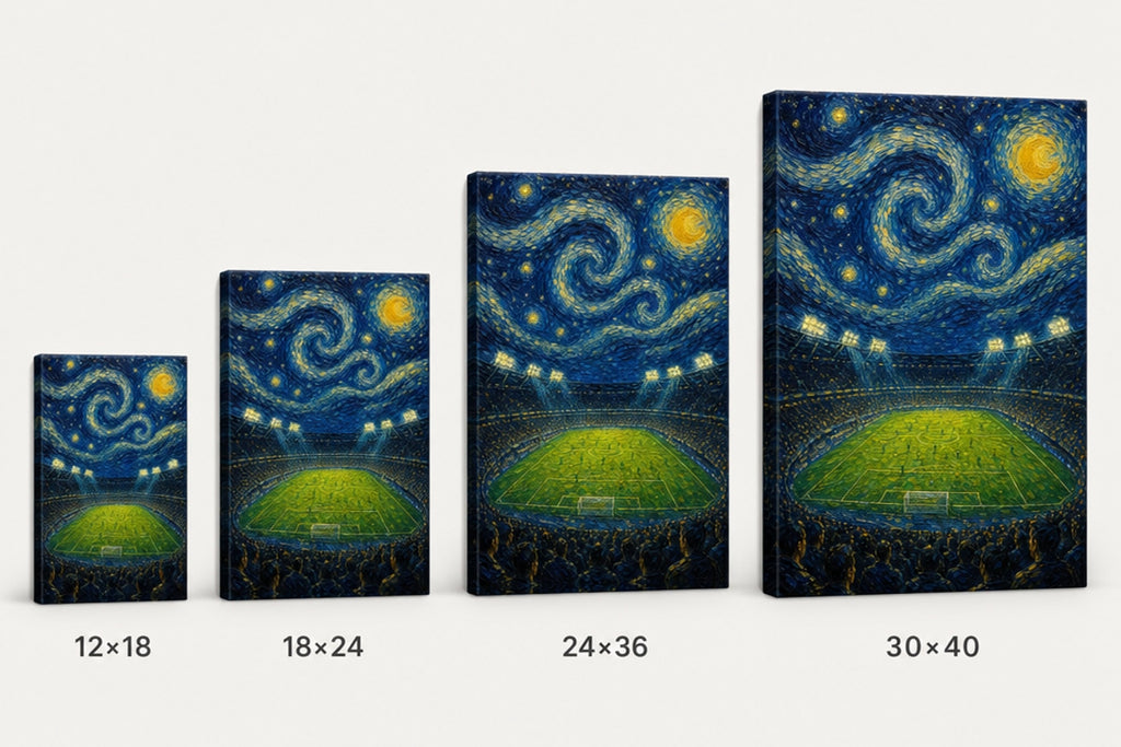 Starry Night Stadium Soccer Canvas Wall Art canvas size comparison
