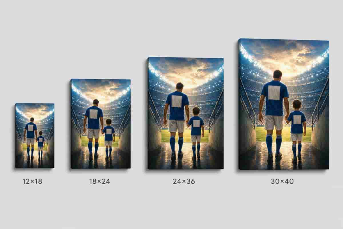 Custom Father and Son Stadium Tunnel Canvas Wall Art canvas size comparison generated with gpt-image-2