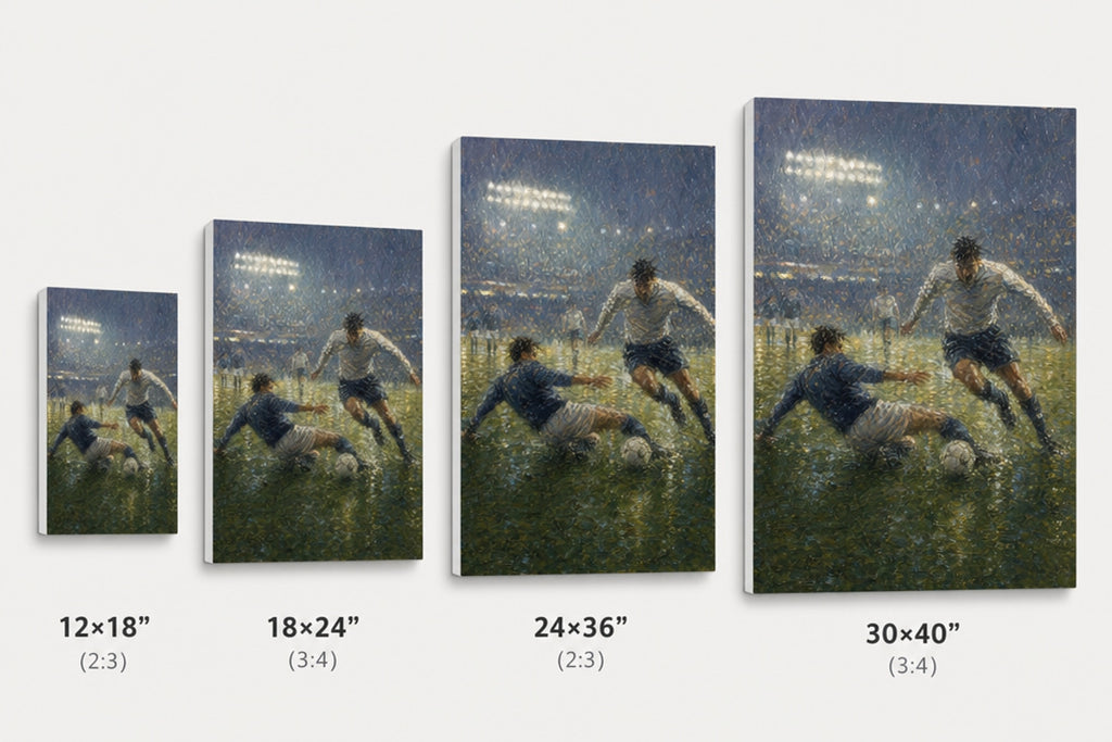 Impressionist Rain Tackle Soccer Canvas Wall Art canvas size comparison