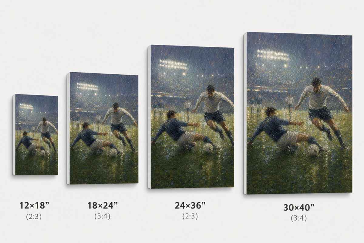 Impressionist Rain Tackle Soccer Canvas Wall Art canvas size comparison