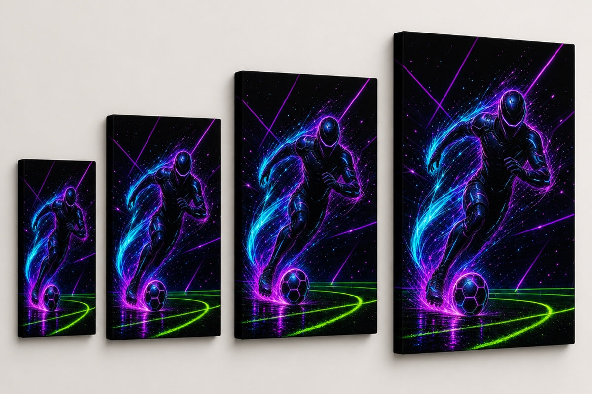 Neon Dribble Light Burst Soccer Canvas Wall Art canvas size comparison