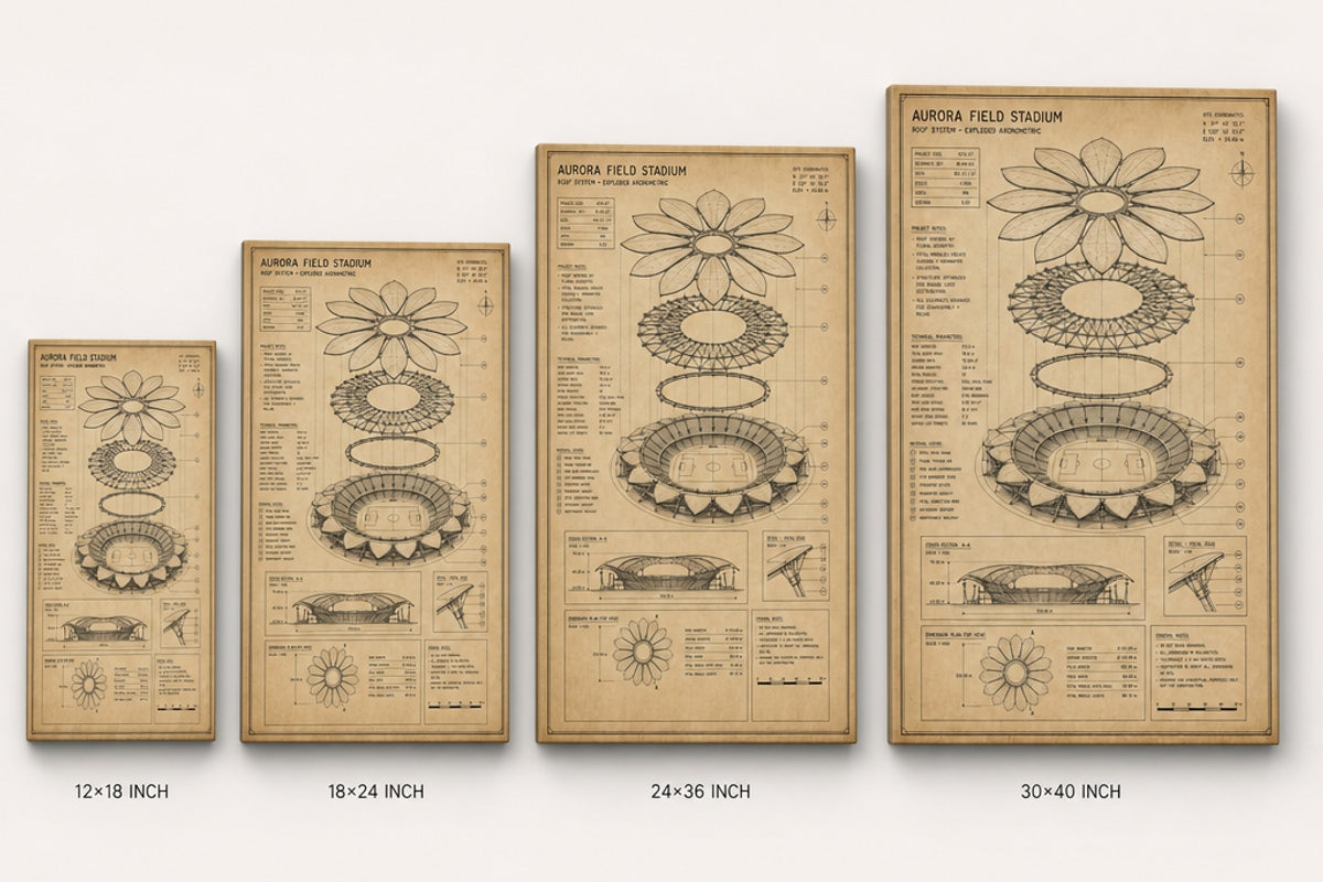 Kraft Paper Stadium Roof Blueprint Canvas Wall Art canvas size comparison