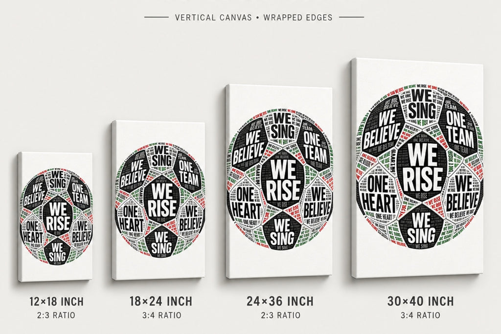 One Team One Heart Chant Typography Canvas Wall Art canvas size comparison