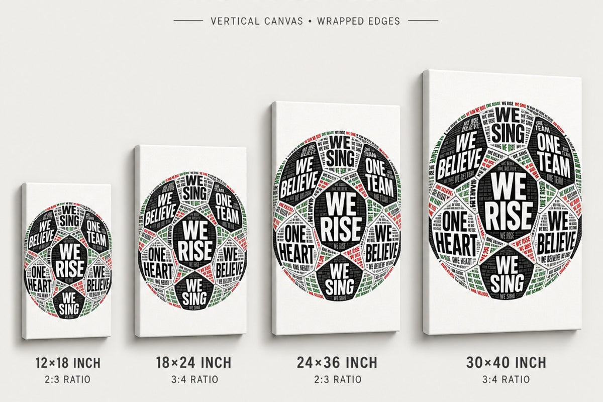 One Team One Heart Chant Typography Canvas Wall Art canvas size comparison