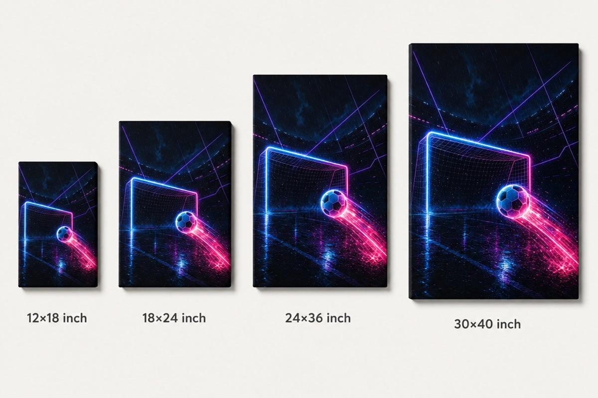 Neon Goal Trails Soccer Canvas Wall Art canvas size comparison