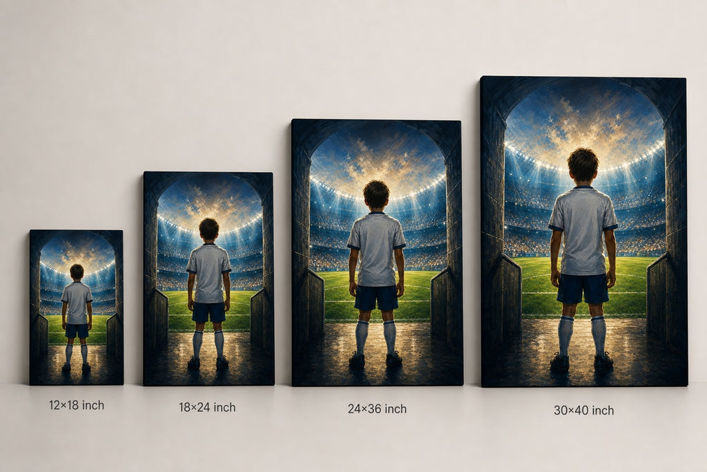 Custom Youth Soccer Dream Tunnel Canvas Wall Art canvas size comparison generated with gpt-image-2