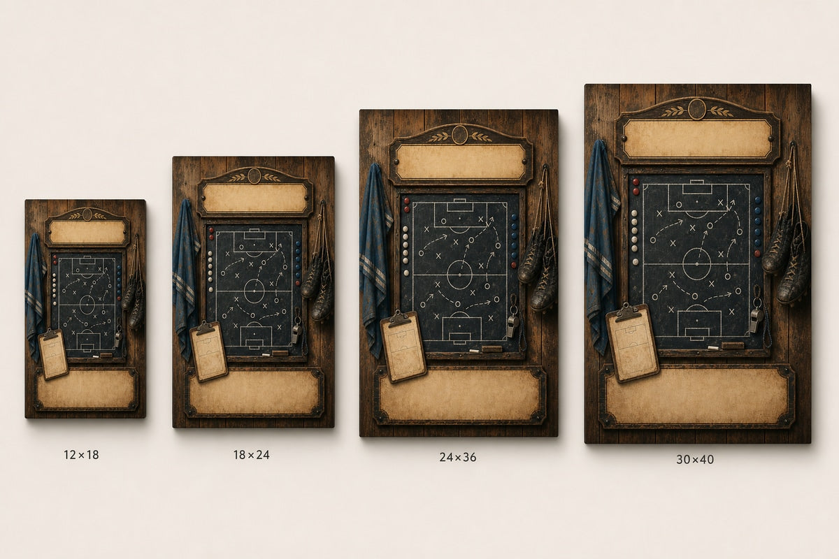 Custom Vintage Soccer Tactics Board Canvas Wall Art canvas size comparison generated with gpt-image-2