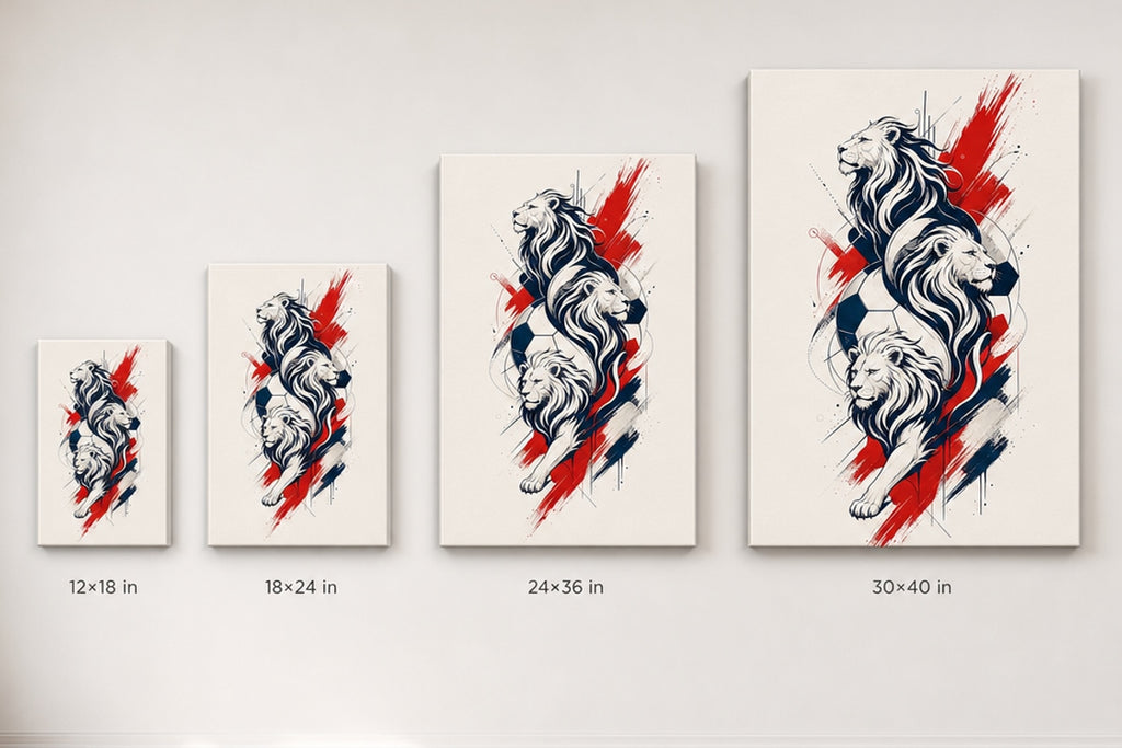 England Three Lions National Pride Soccer Canvas Wall Art canvas size comparison