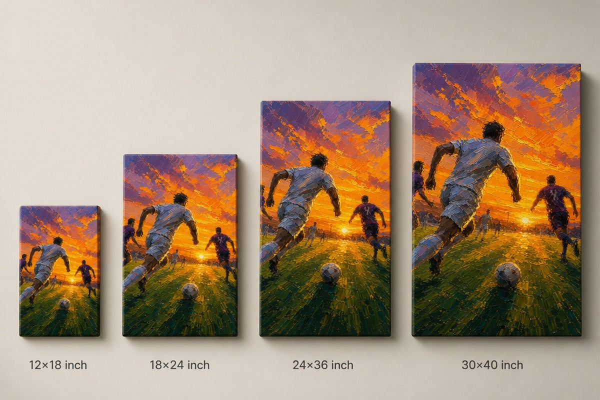 Impasto Sunset Soccer Run Canvas Wall Art canvas size comparison