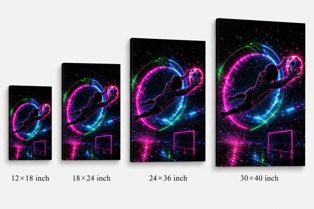 Neon Keeper Save Soccer Canvas Wall Art canvas size comparison