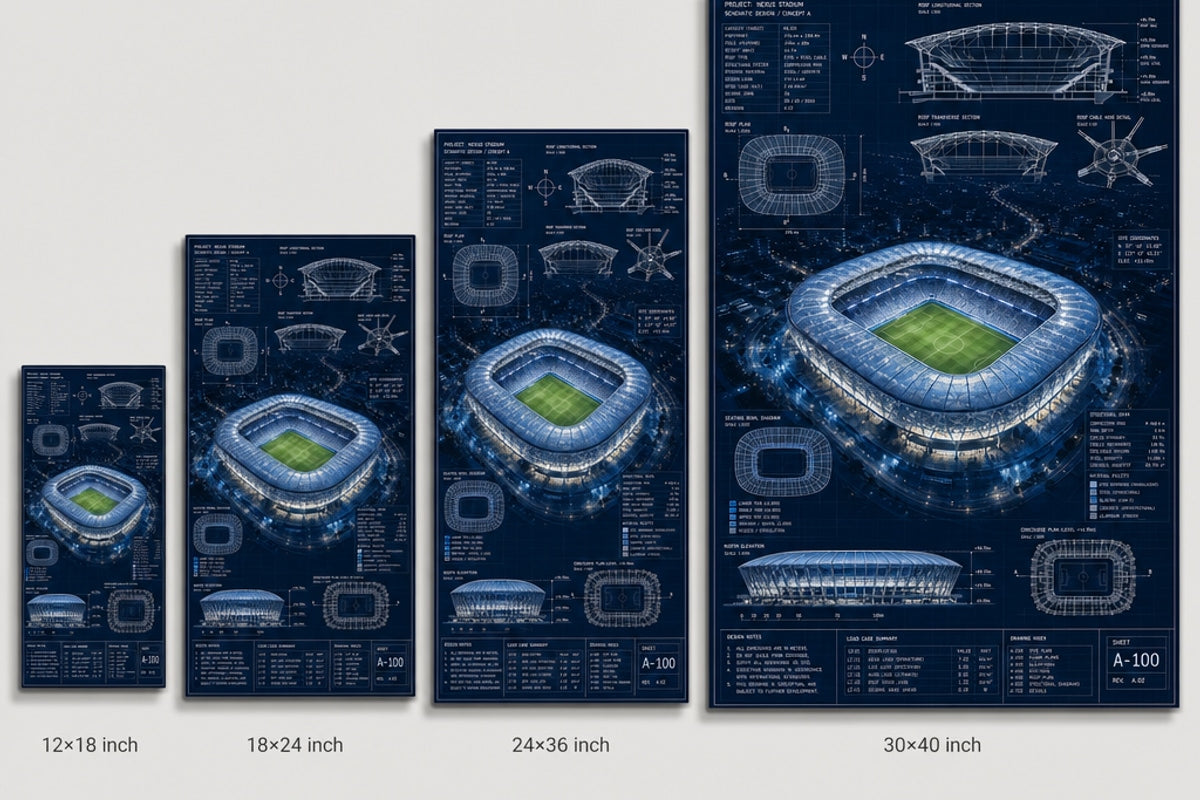 Night Stadium Blueprint Overlay Canvas Wall Art canvas size comparison