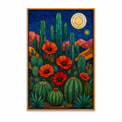 Stained Glass Desert Cactus and Poppy Wall Art | SKU Brown Frame