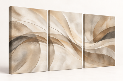 Warm Neutral Sweeping Forms Abstract Triptych Wrapped Canvas Wall Art - 09_three_panel_wrapped_canvas_side_view