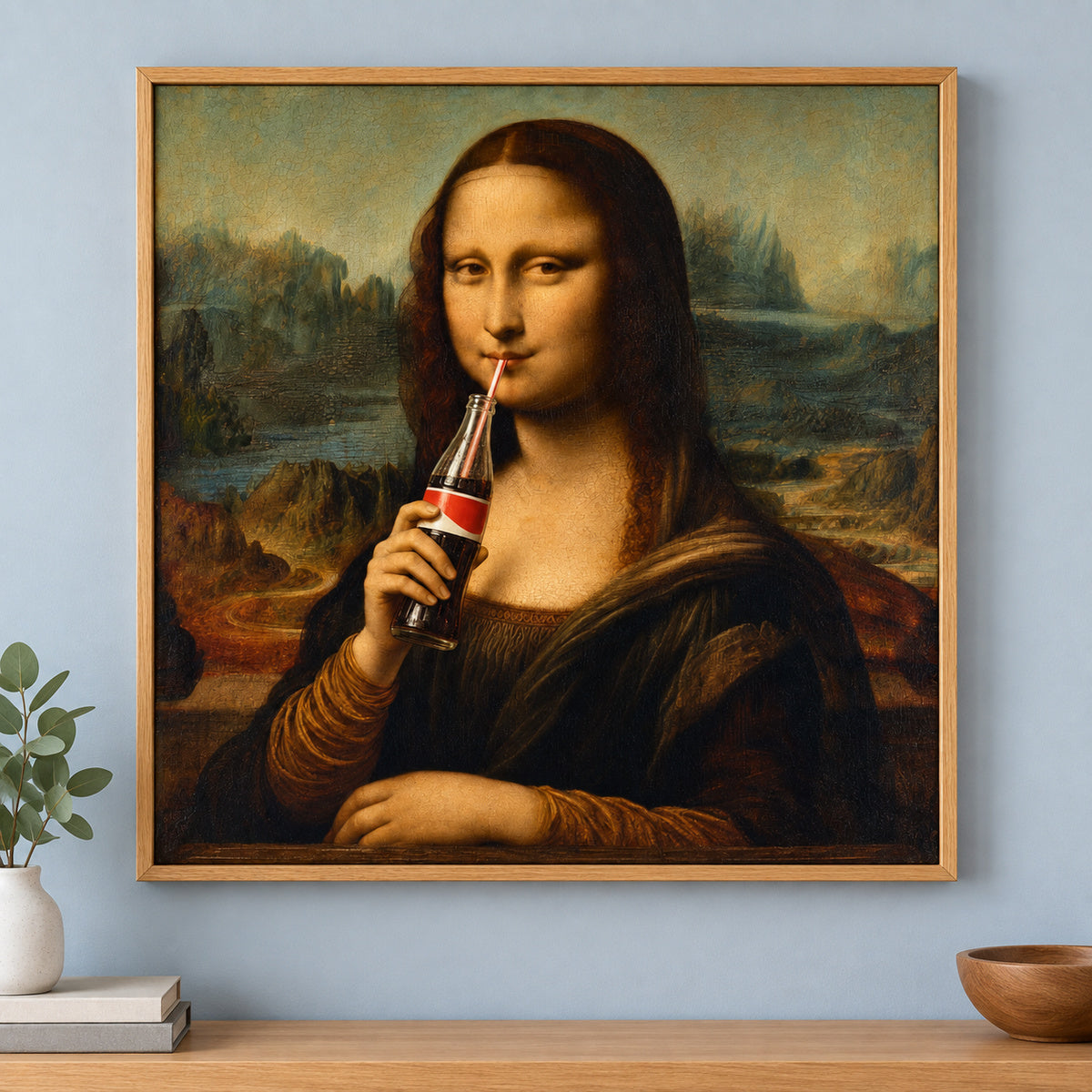 Mona Lisa Drinking Cola Modern Canvas Painting Wall Decor | brown_independent_close