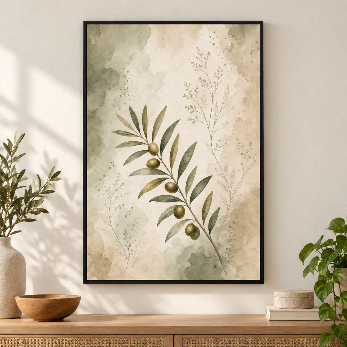 Olive Branch Botanical Line Art Canvas Painting Wall Decor | black_independent_close