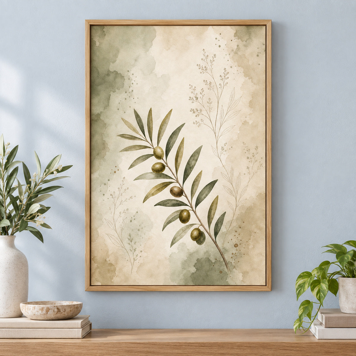 Olive Branch Botanical Line Art Canvas Painting Wall Decor | brown_independent_close