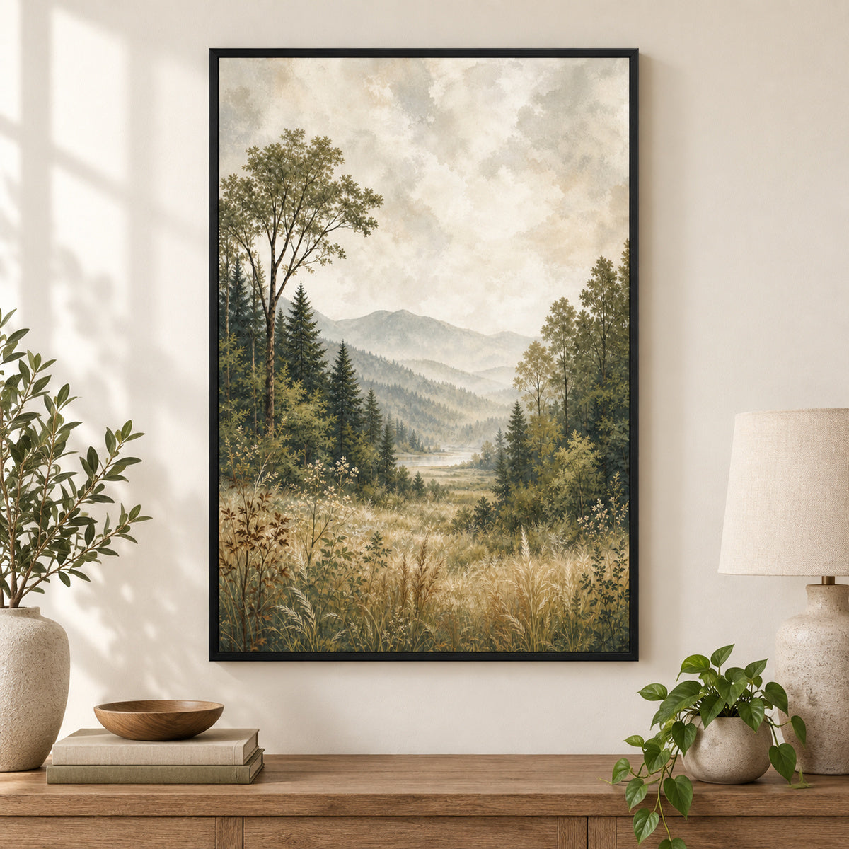 Serene Forest Nature Canvas Painting for Living Room Decor | black_independent_close