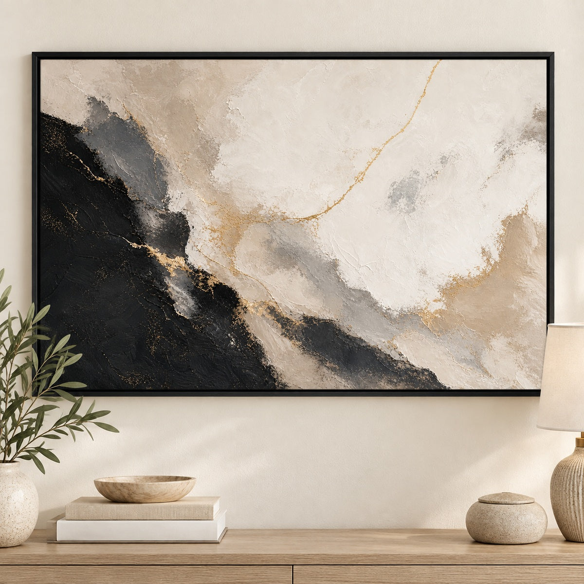Black White Gold Modern Abstract Canvas Painting Wall Decor | black_independent_close