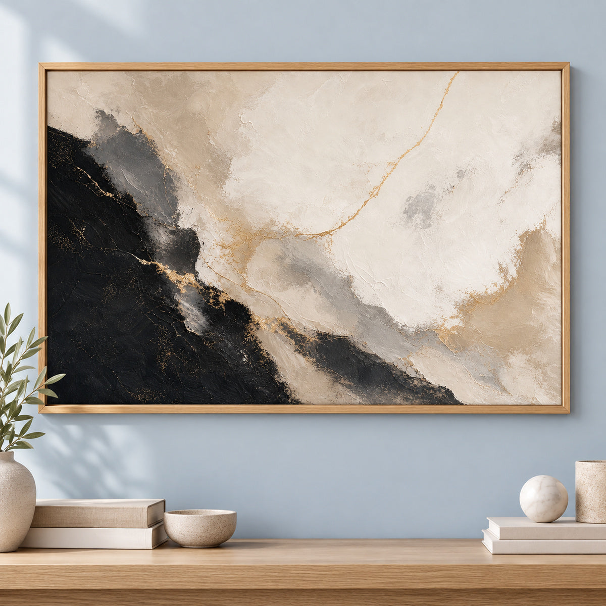 Black White Gold Modern Abstract Canvas Painting Wall Decor | brown_independent_close
