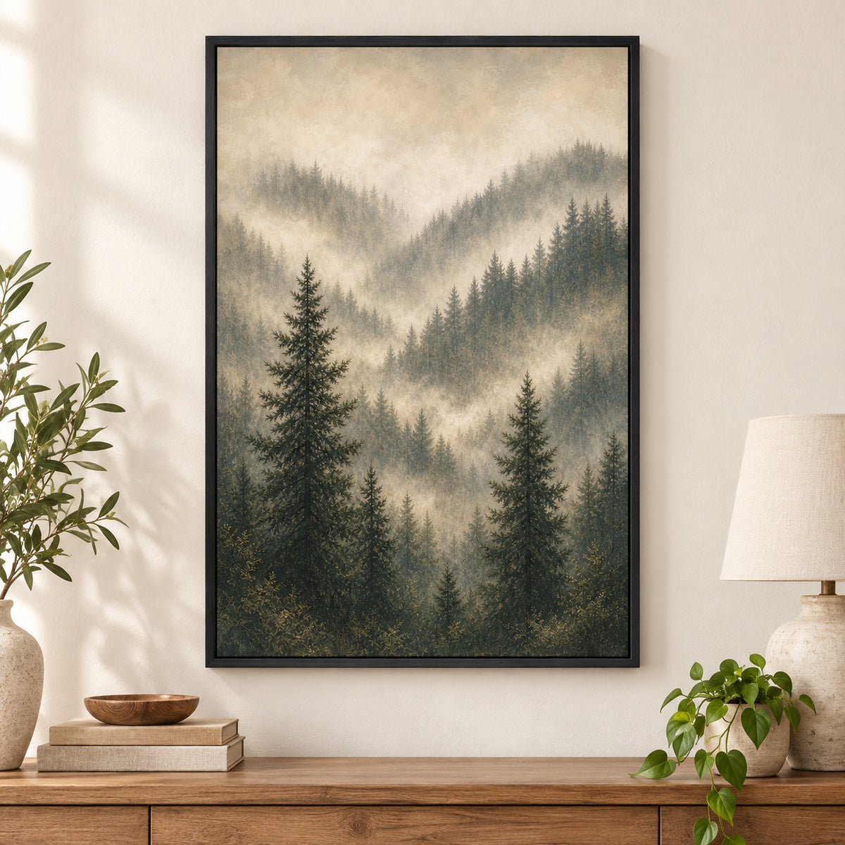 Misty Forest Landscape Canvas Painting for Living Room Decor | black_independent_close