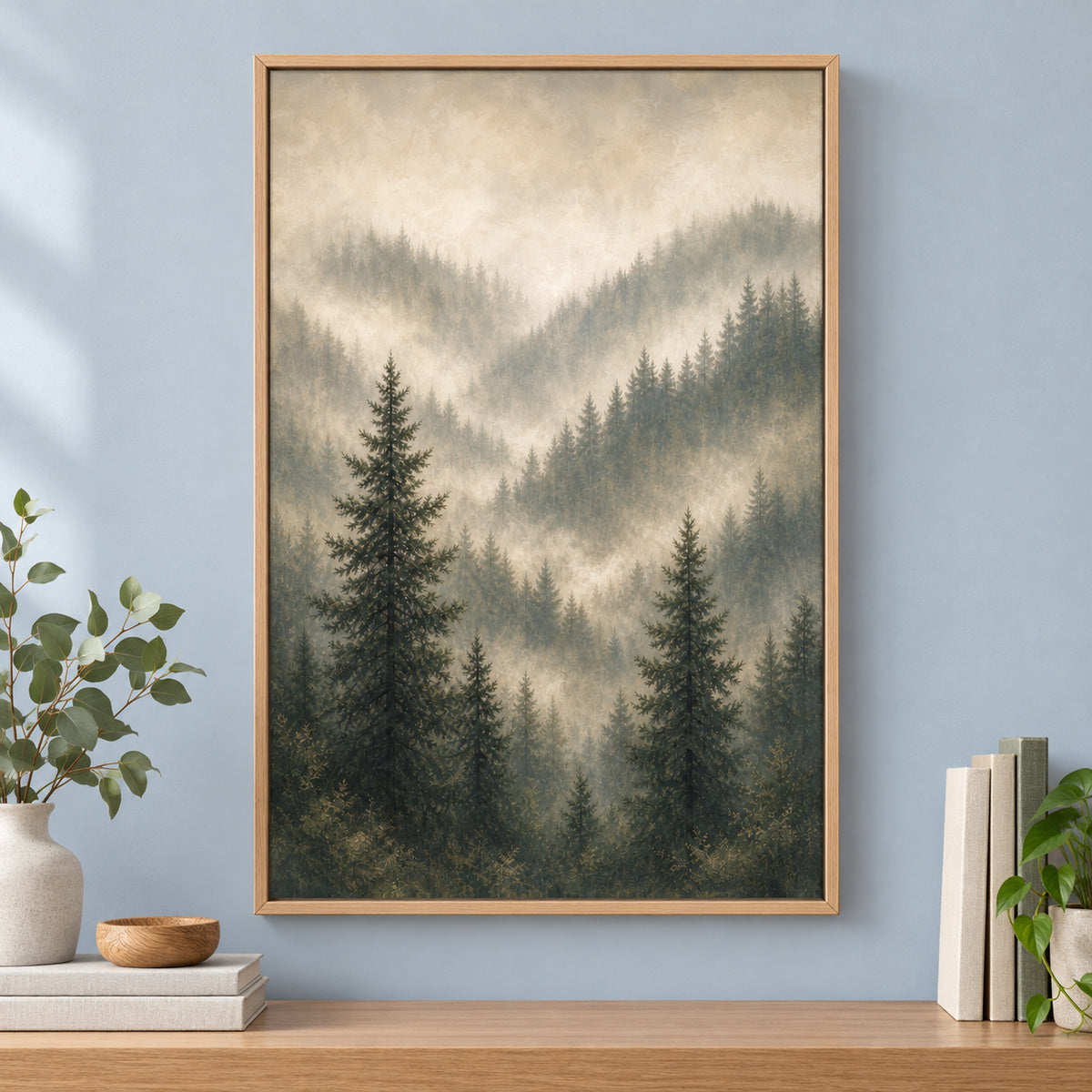 Misty Forest Landscape Canvas Painting for Living Room Decor | brown_independent_close