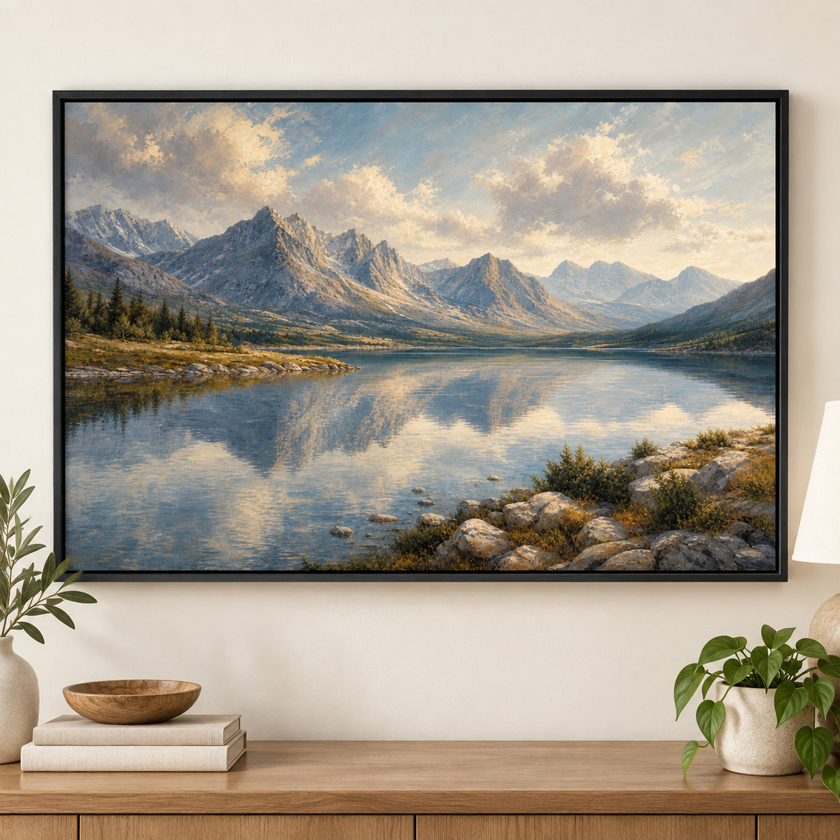 Mountain Lake Canvas Painting for Living Room Decor | black_independent_close