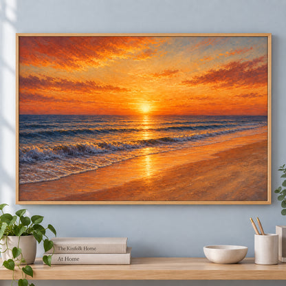 Sunset Coast Ocean Blue Canvas Painting for Wall Decor | brown_independent_close