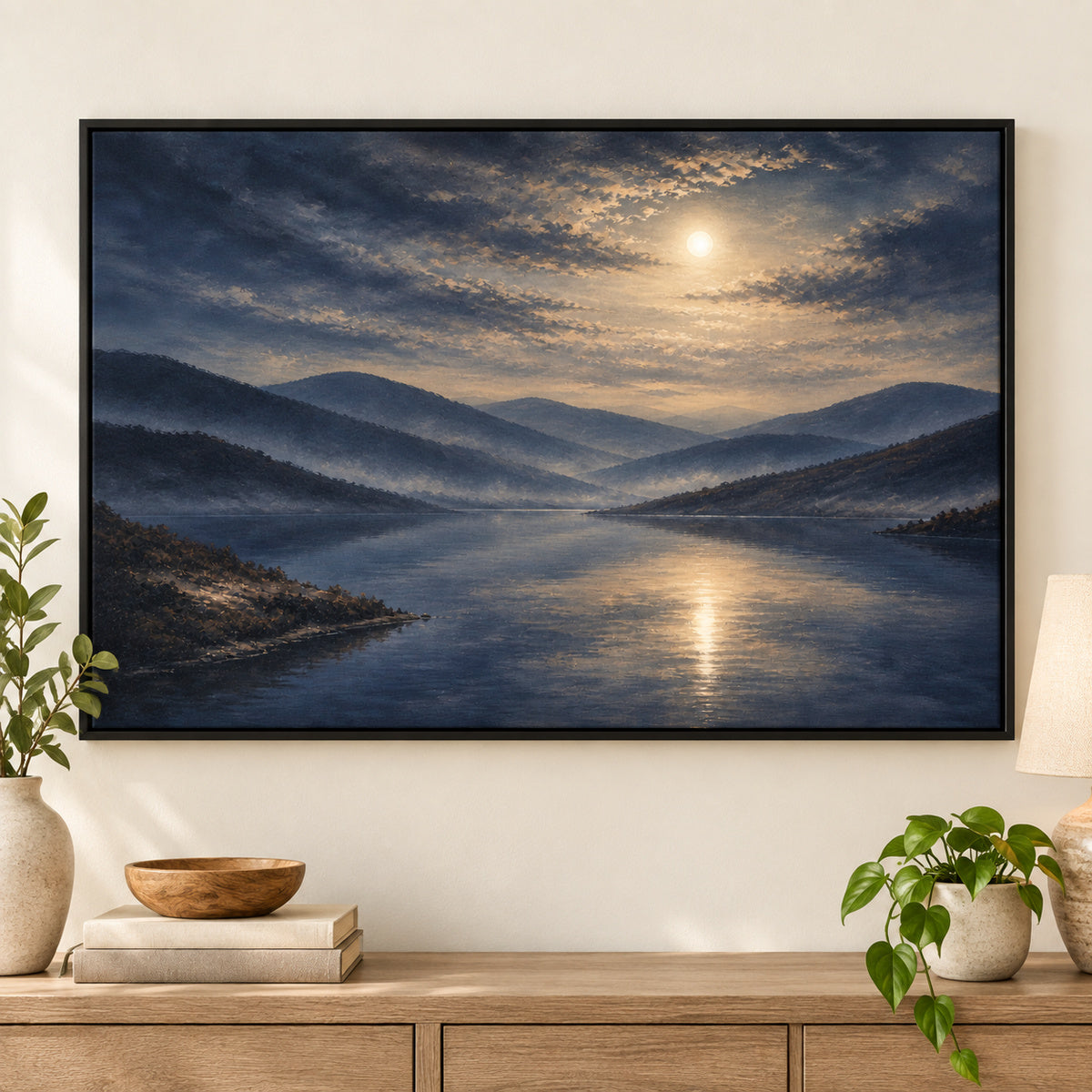 Moody Misty Lake Landscape Canvas Painting Wall Decor | black_independent_close