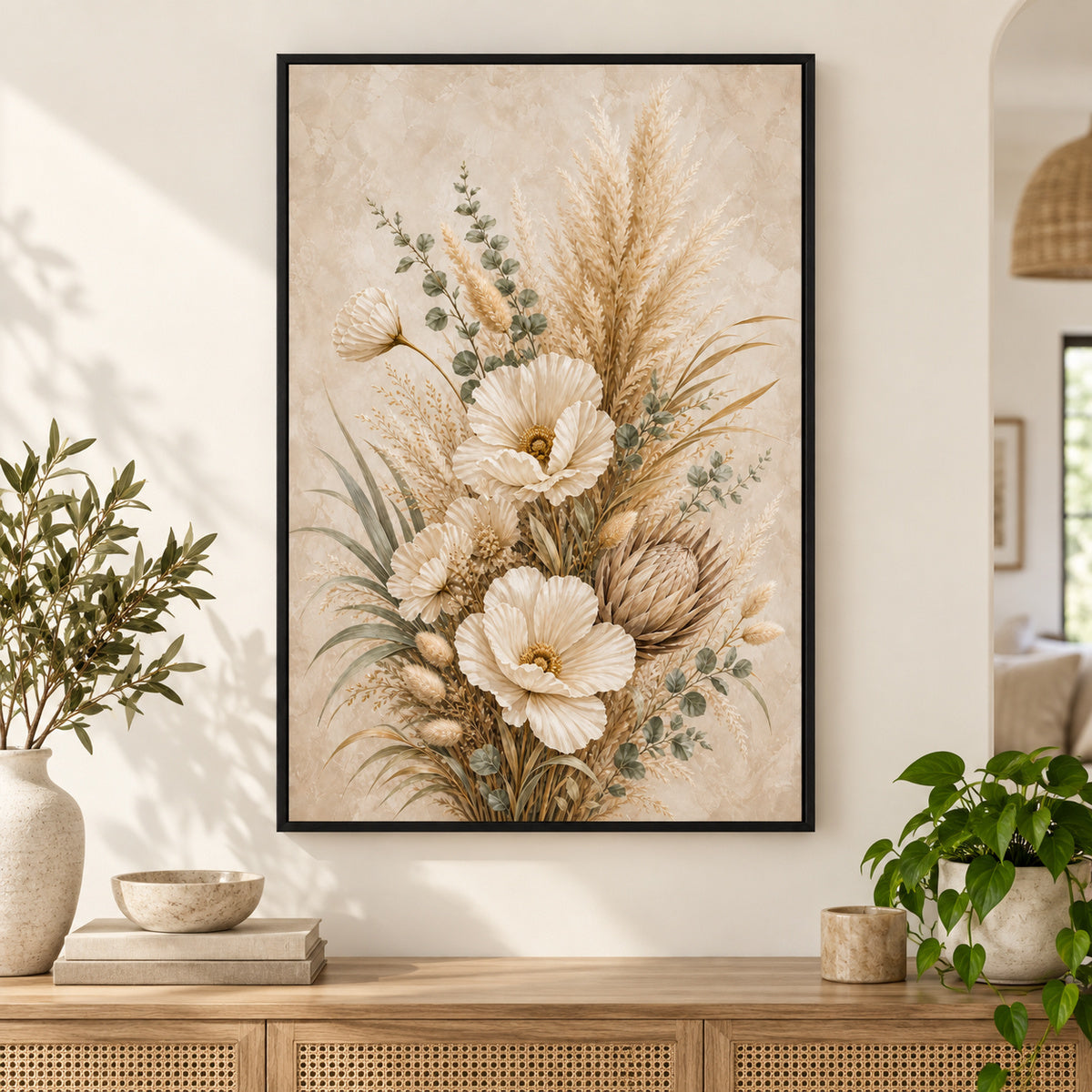 Pampas Grass Neutral Floral Canvas Wall Art | black_independent_close