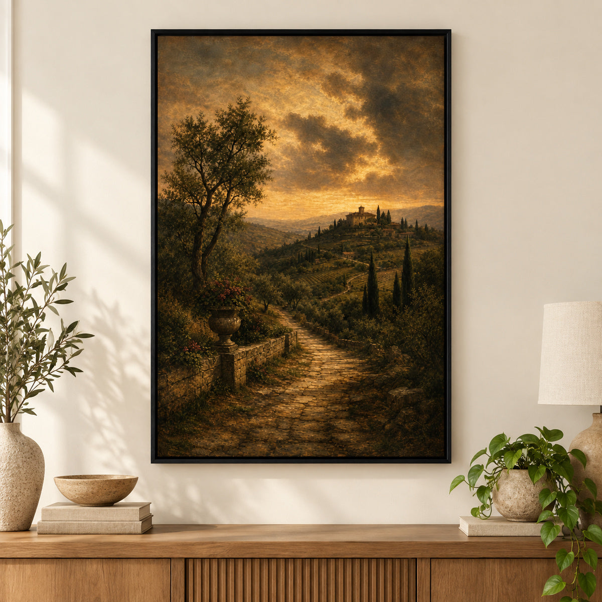 Vintage Brown Olive Landscape Canvas Wall Art | black_independent_close