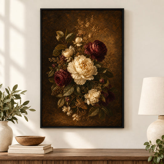 Antique Burgundy Floral Canvas Wall Art | black_independent_close