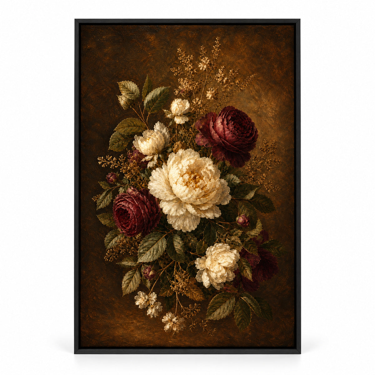 Antique Burgundy Floral Canvas Wall Art | black_sku