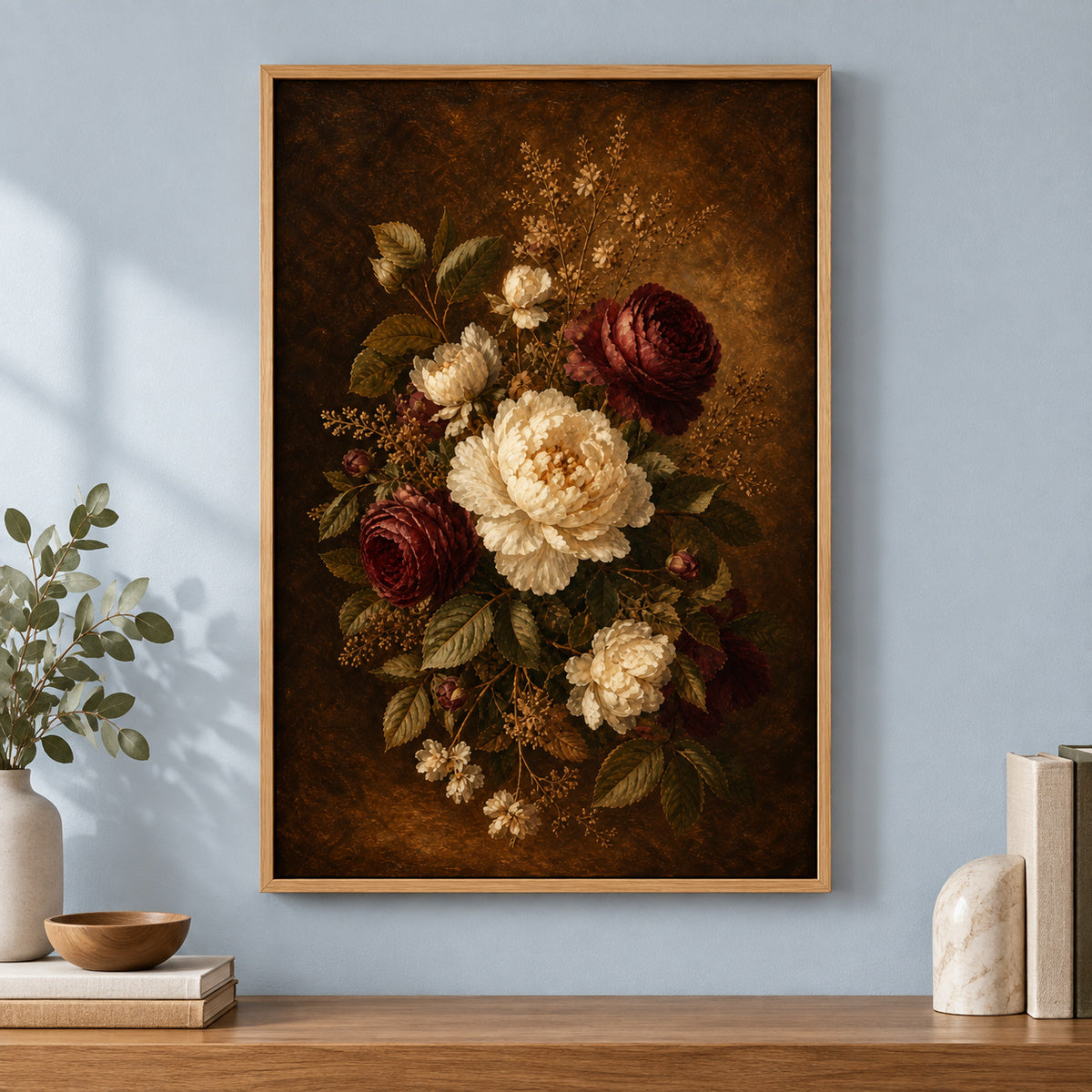 Antique Burgundy Floral Canvas Wall Art | brown_independent_close