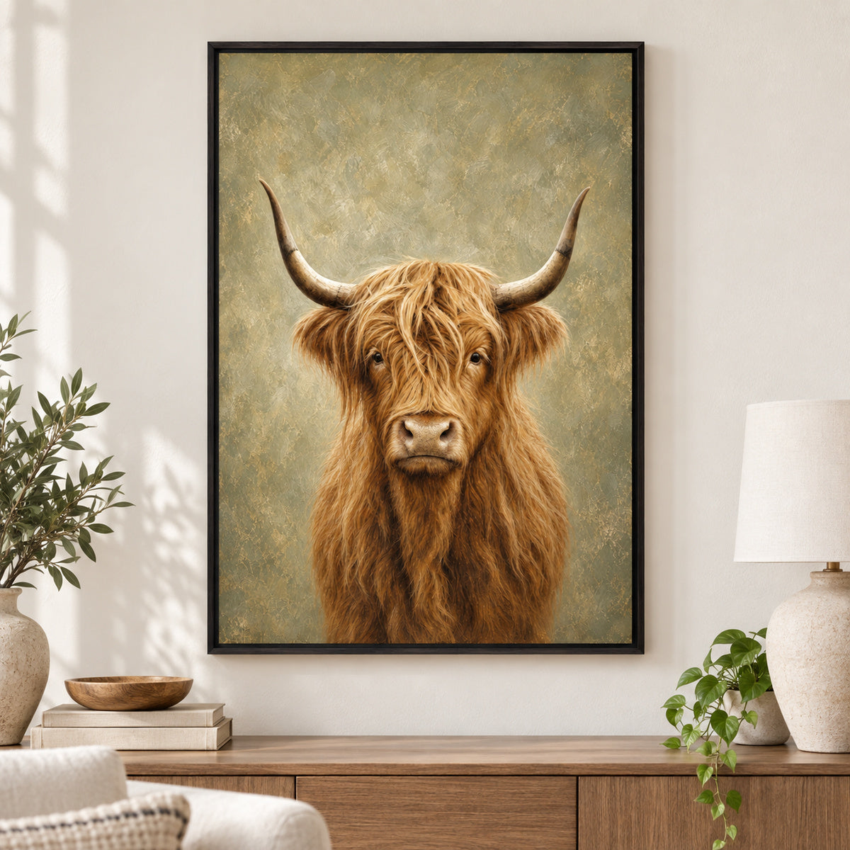 Highland Cow Rustic Animal Canvas Painting Wall Art | black_independent_close