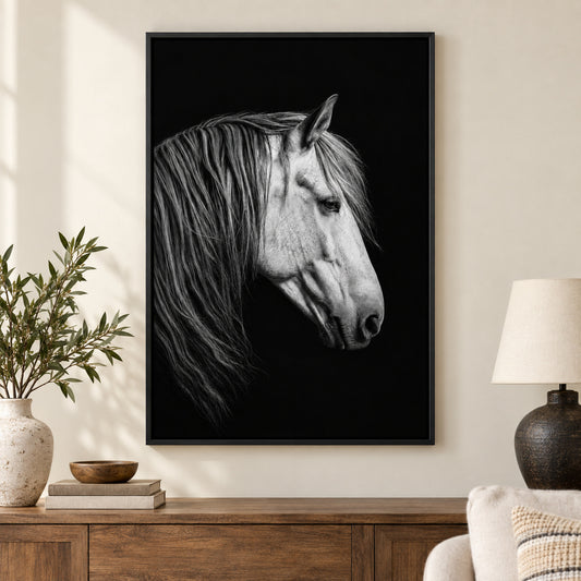 Black and White Horse Animal Canvas Painting Wall Decor | black_independent_close
