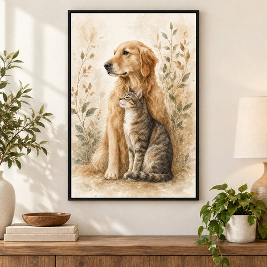 Watercolor Dog and Cat Animal Canvas Painting Wall Decor | black_independent_close