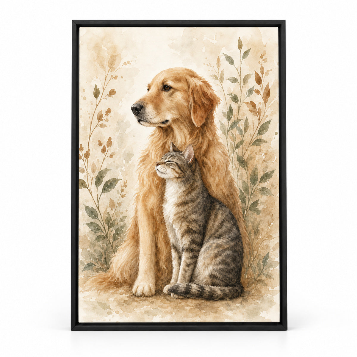 Watercolor Dog and Cat Animal Canvas Painting Wall Decor | black_sku