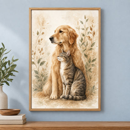Watercolor Dog and Cat Animal Canvas Painting Wall Decor | brown_independent_close
