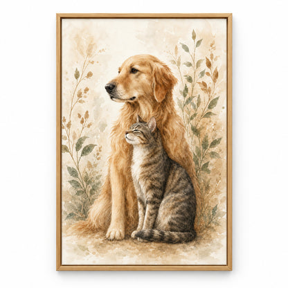 Watercolor Dog and Cat Animal Canvas Painting Wall Decor | brown_sku