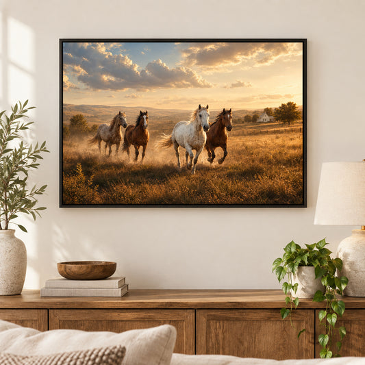 Running Horses Country Animal Canvas Painting Wall Decor | black_independent_close