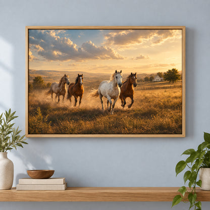 Running Horses Country Animal Canvas Painting Wall Decor | brown_independent_close