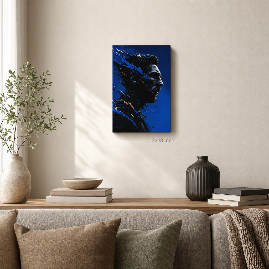 Blue Shattered Profile Canvas Wall Art – Abstract Masculine Portrait – Draft - SKU size wall mockup 12x18 inch 30x45 cm