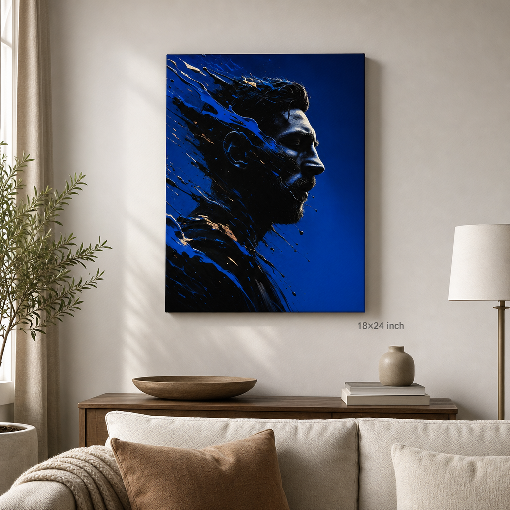 Blue Shattered Profile Canvas Wall Art – Abstract Masculine Portrait – Draft - SKU size wall mockup 18x24 inch 45x60 cm