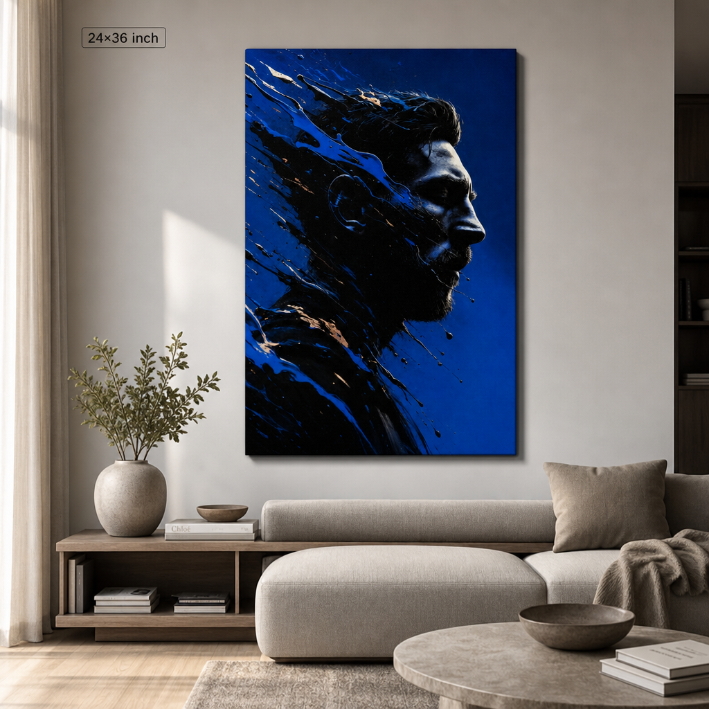 Blue Shattered Profile Canvas Wall Art – Abstract Masculine Portrait – Draft - SKU size wall mockup 24x36 inch 60x90 cm
