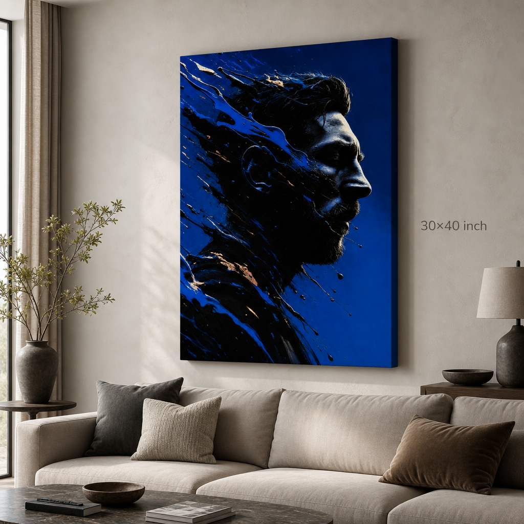 Blue Shattered Profile Canvas Wall Art – Abstract Masculine Portrait – Draft - SKU size wall mockup 30x40 inch 75x100 cm