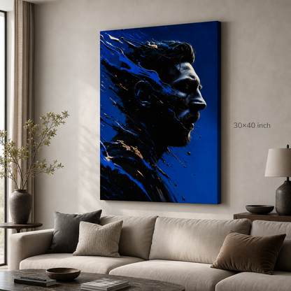 Blue Shattered Profile Canvas Wall Art – Abstract Masculine Portrait - SKU size wall mockup 30x40 inch 75x100 cm