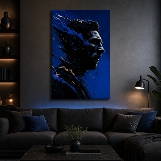 Blue Shattered Profile Canvas Wall Art – Abstract Masculine Portrait - Living room wall mockup