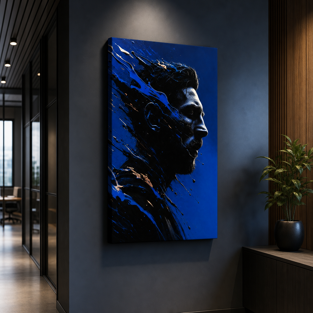 Blue Shattered Profile Canvas Wall Art – Abstract Masculine Portrait – Draft - Room wall mockup