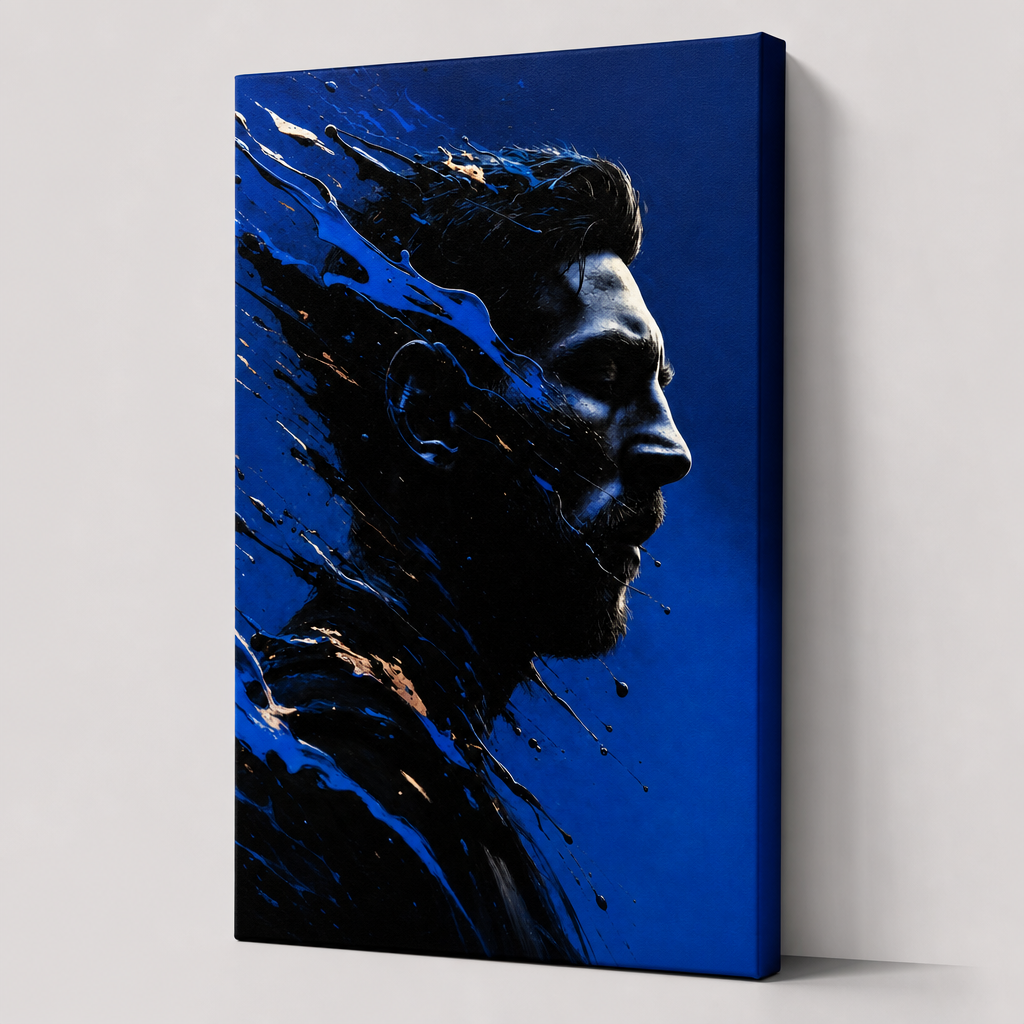 Blue Shattered Profile Canvas Wall Art – Abstract Masculine Portrait – Draft - Right side wrapped canvas edge effect