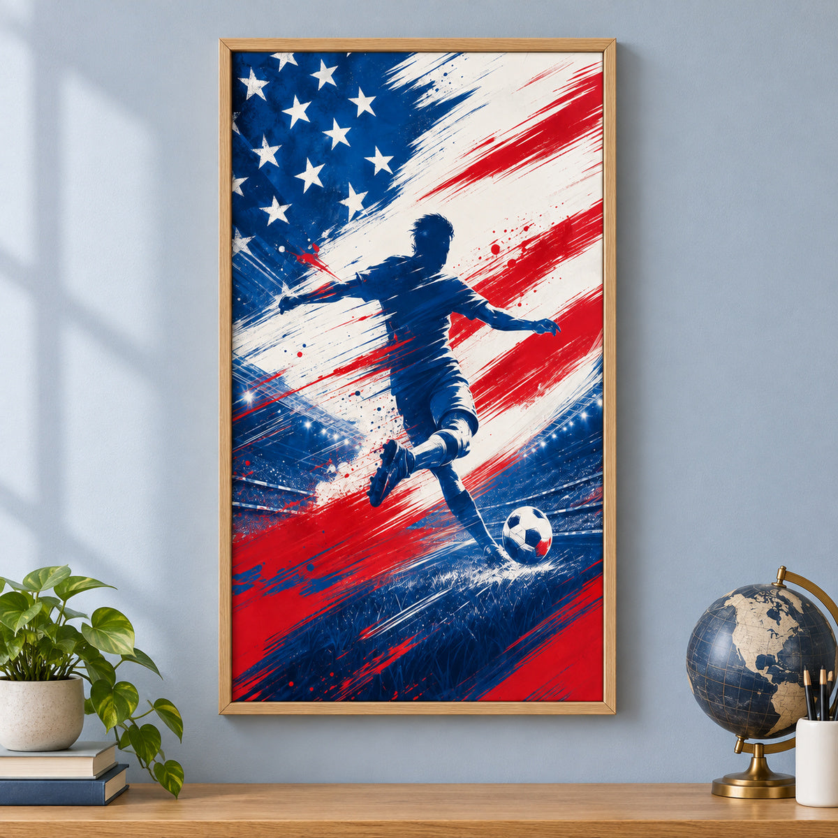 USA Abstract Soccer Canvas Painting for Game Room Decor | brown_independent_close